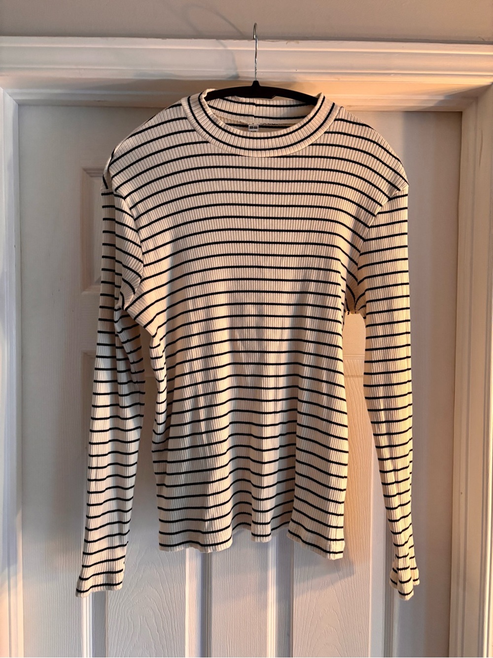 Uniqlo Cream and Black Striped Ribbed Long Sleeve Tee